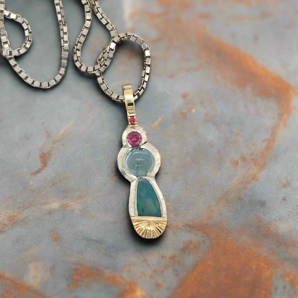 Opal, Aquamarine, Garnet + Pink Spinel Necklace