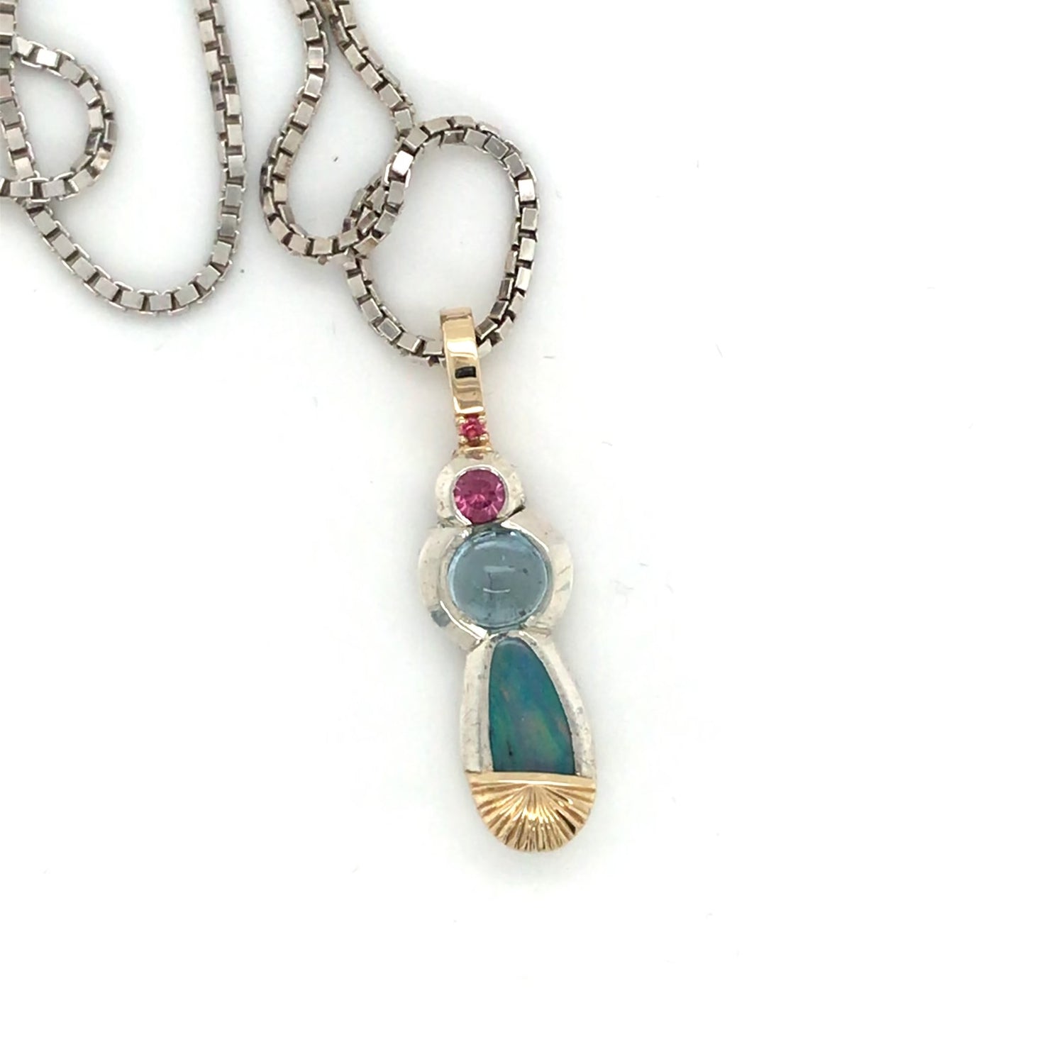 Pink Tourmaline, Opal & Aquamarine Gold Pendant – Arkadia Designs